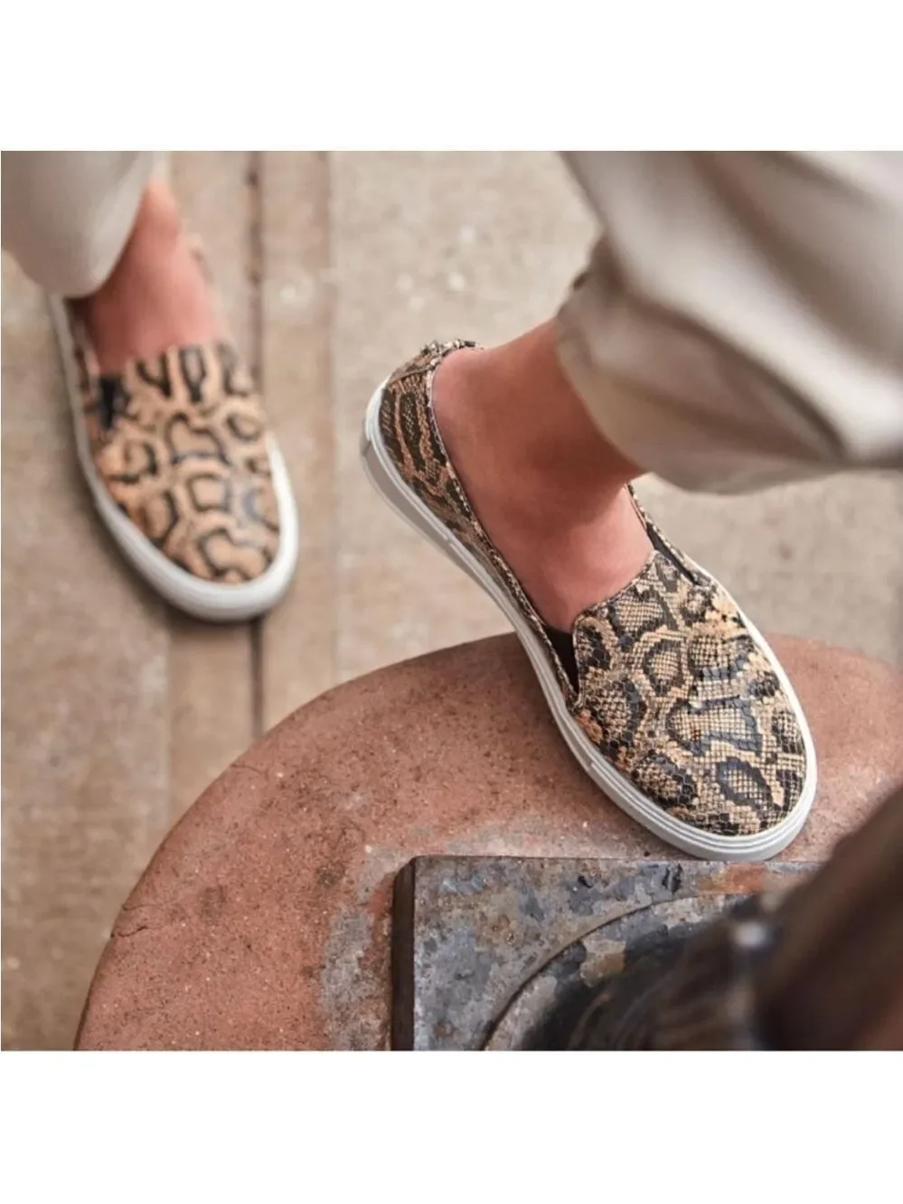 Aquatalia Onida Snake Print Leather Slip-On Sneakers in Caramel Women’s Size 9.5